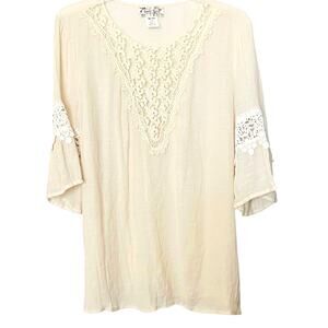 LADY NOIE 3/4 BELL SLV PULL-OVER CREW PART LACE BLOUSE, WOMENS, 2XL, CREAM/IVORY